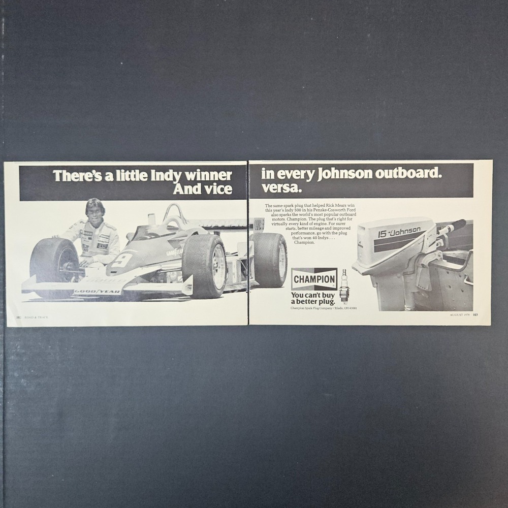 1979 Champion Spark Plugs Johnson Outboard Goodyear F1 Car Vintage Print Ad Shop